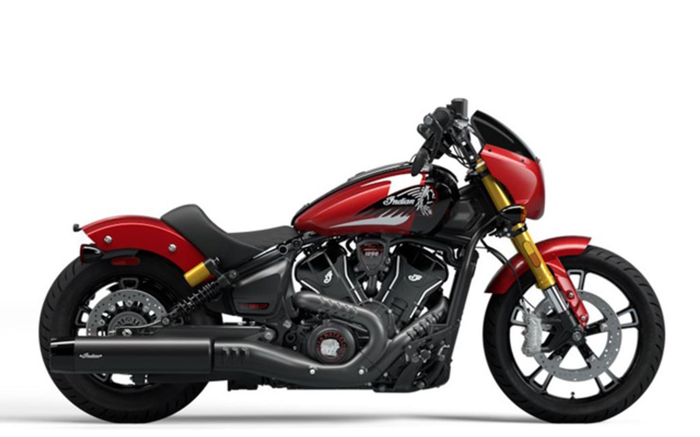 New 2025 Indian Motorcycle 101 Scout Sunset Red Metallic with Graphics